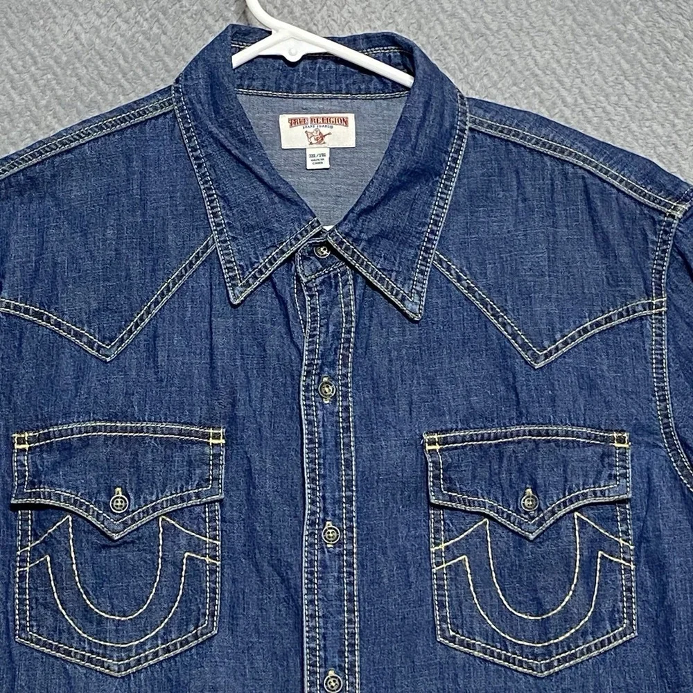 TRUE RELIGION WESTERN Shirt Mens Sz 3XL Released Hem Jeans Denim Long Sleeve